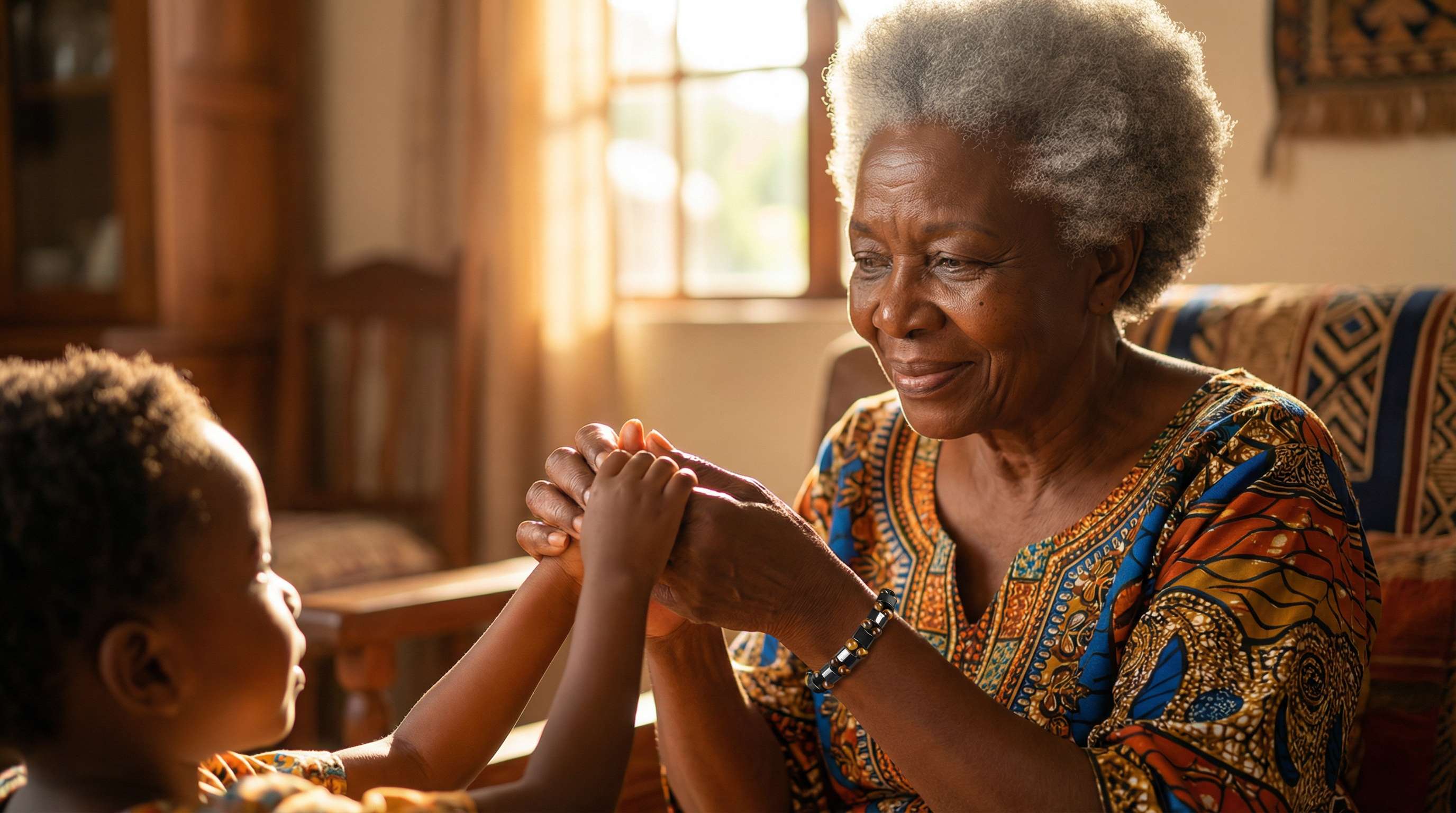 African grandmother holding grandchild's hand wearing therapeutic bracelet