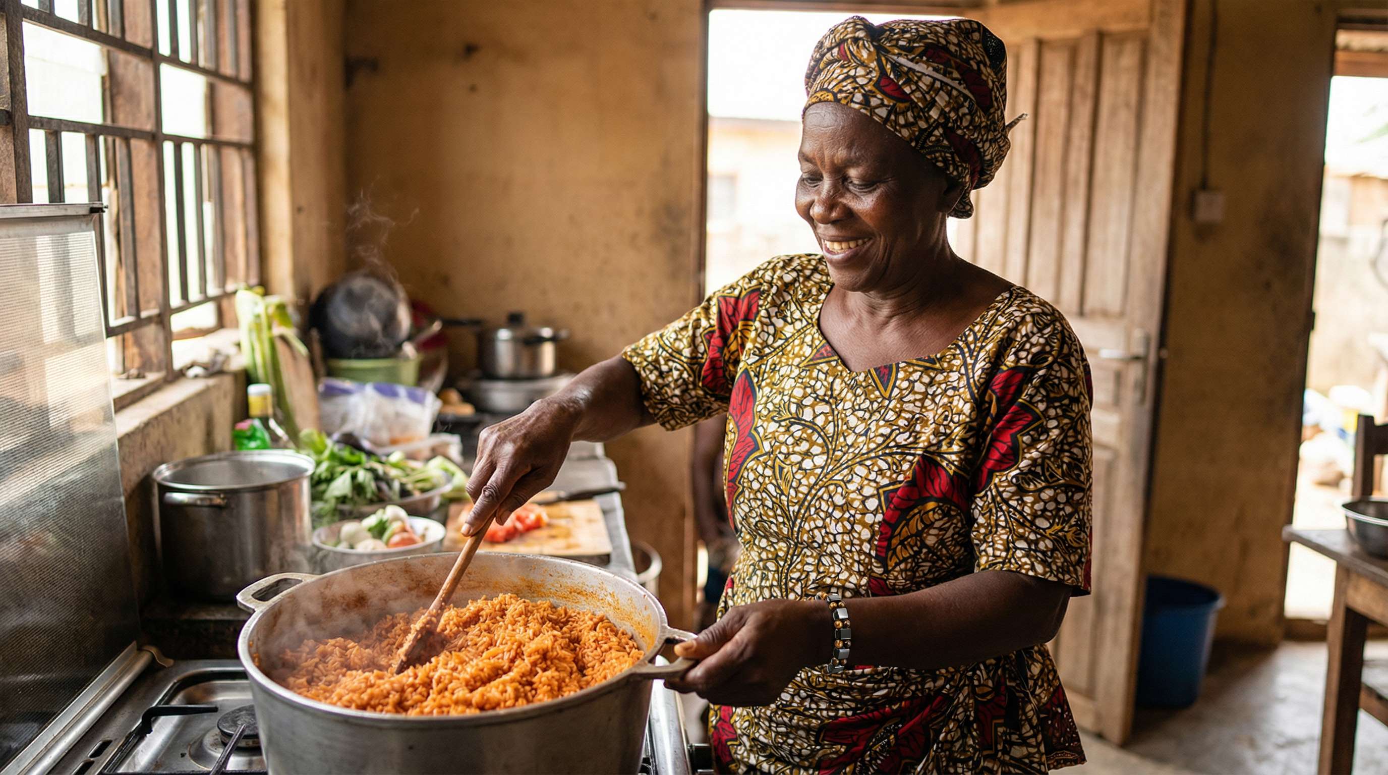 African woman cooking with bracelet